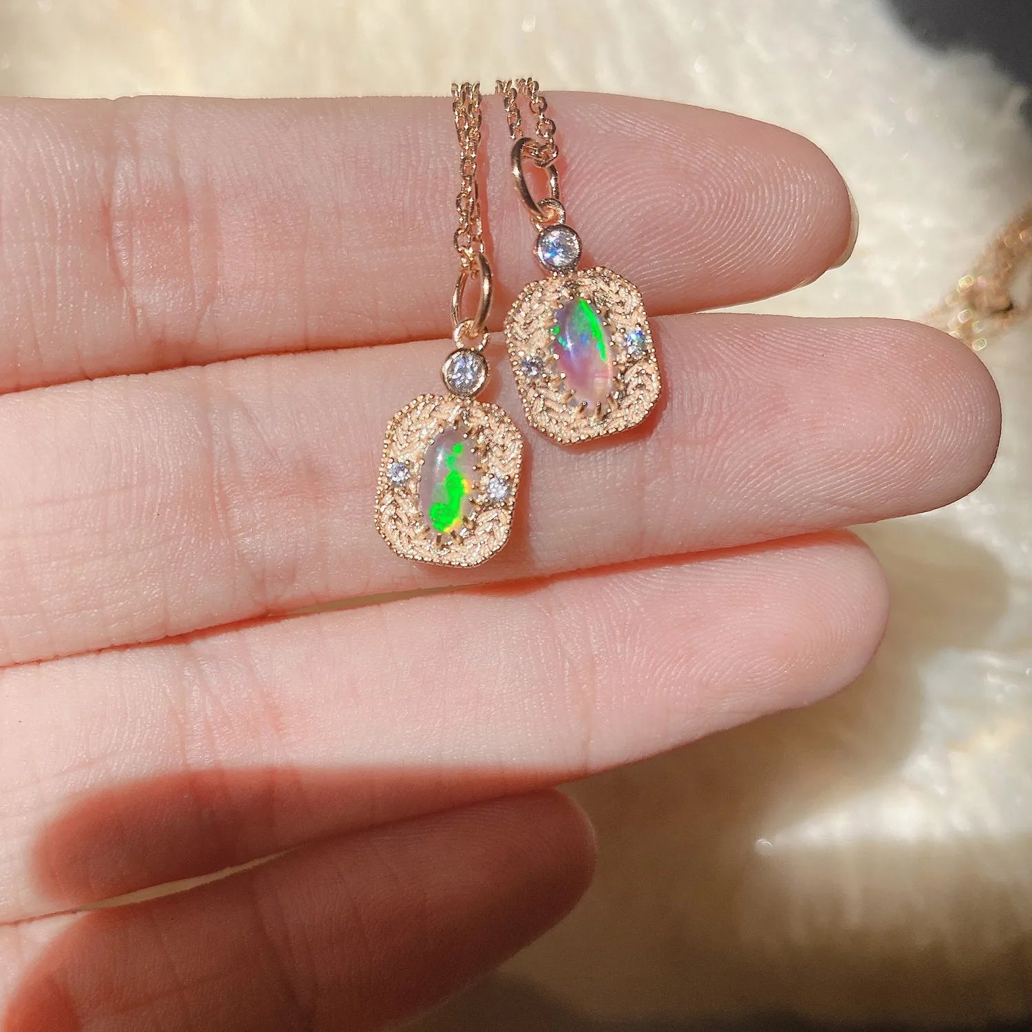 S925 Silver Plated 14K Gold Opal Vintage Wheat Ears Opal Ring Necklace Set