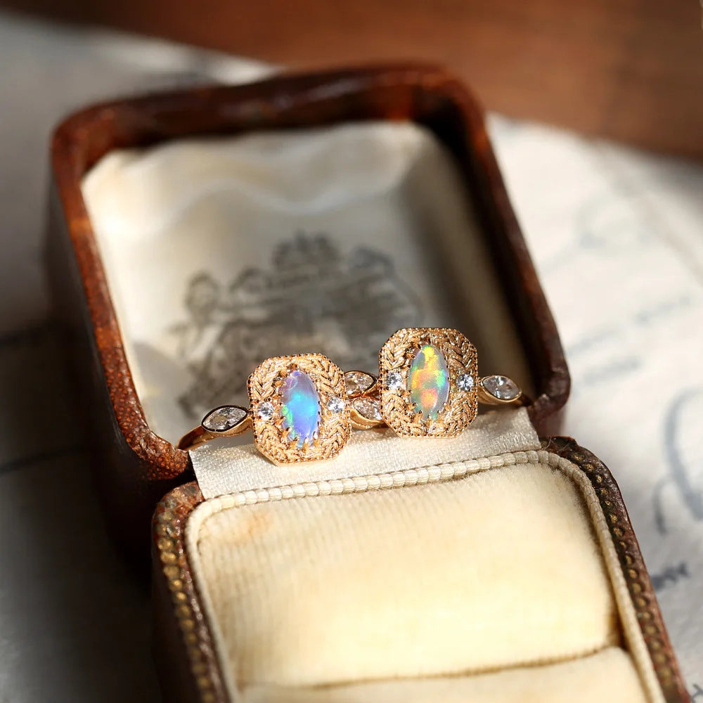 S925 Silver Plated 14K Gold Opal Vintage Wheat Ears Opal Ring Necklace Set