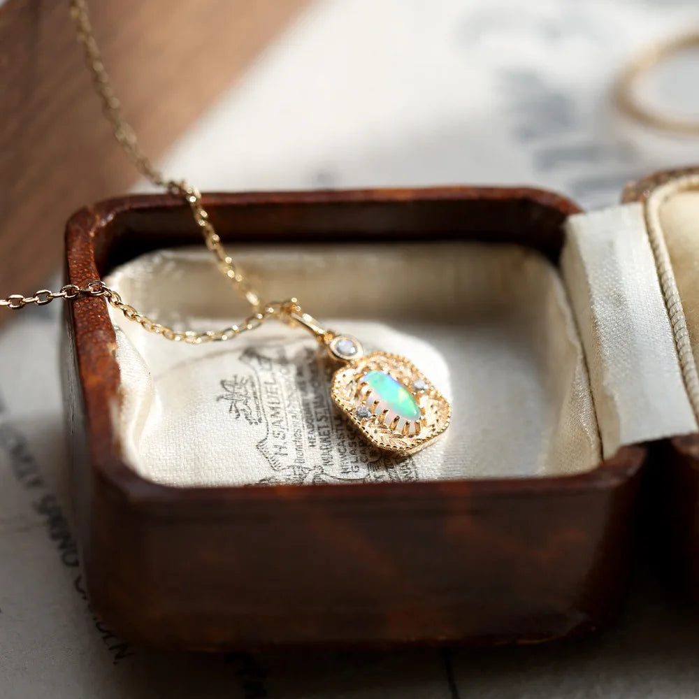 S925 Silver Plated 14K Gold Opal Vintage Wheat Ears Opal Ring Necklace Set