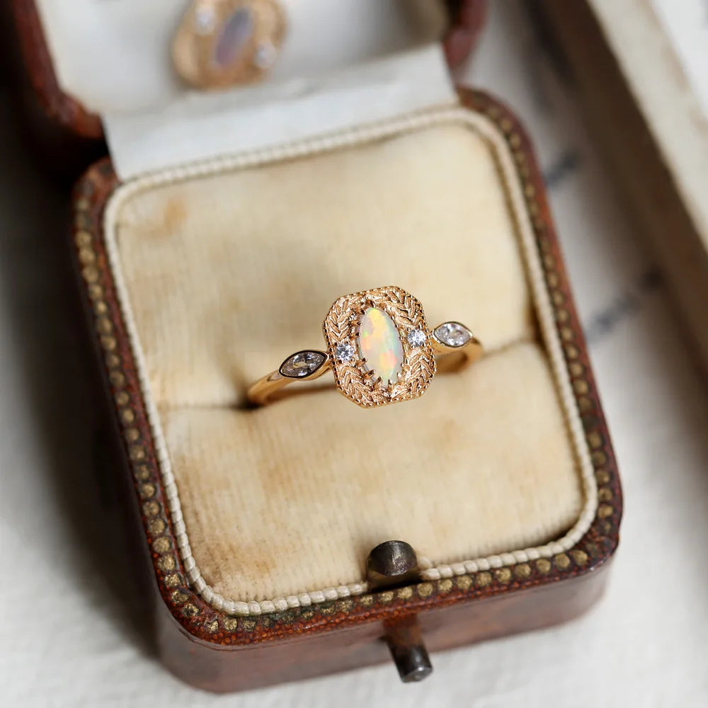 S925 Silver Plated 14K Gold Opal Vintage Wheat Ears Opal Ring Necklace Set