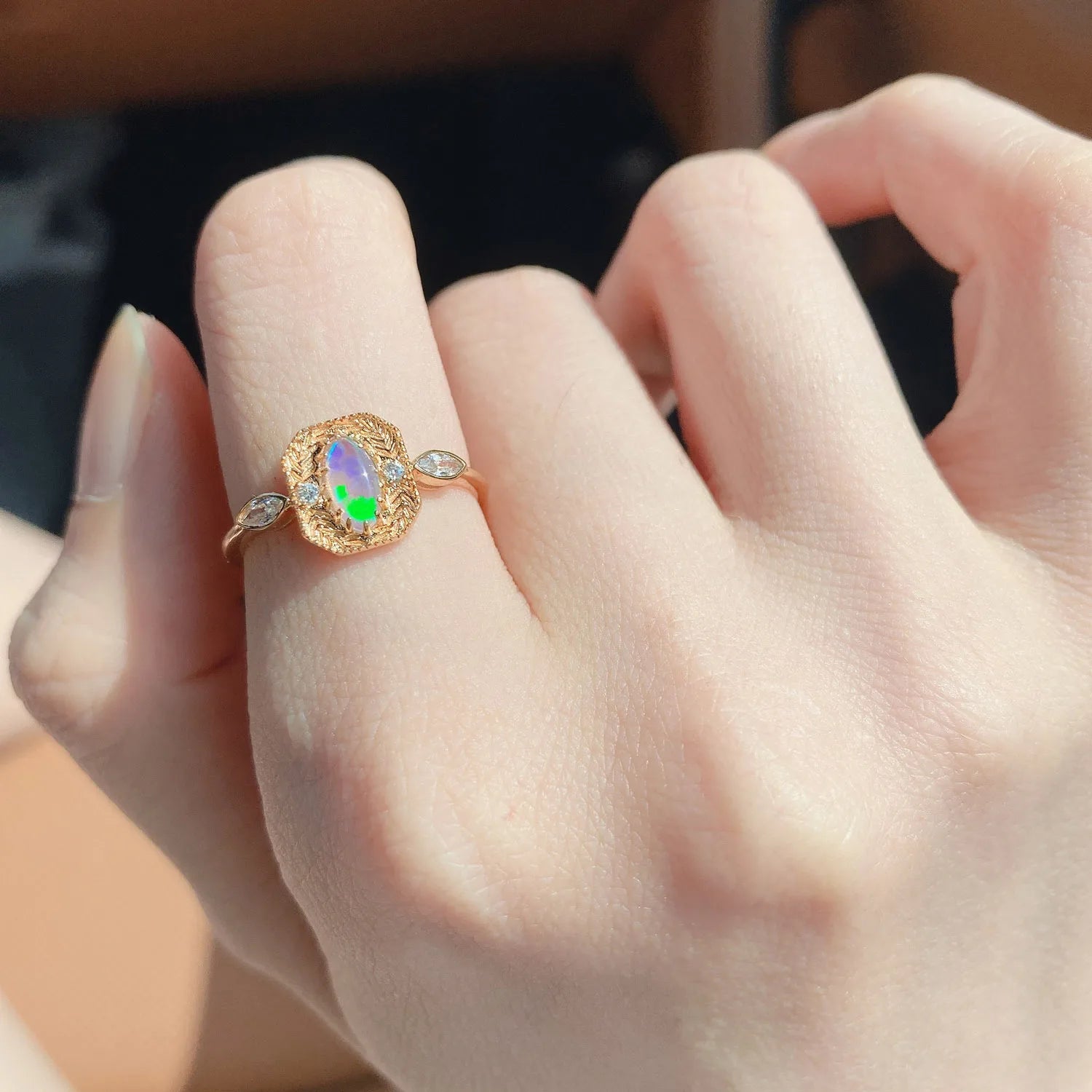 S925 Silver Plated 14K Gold Opal Vintage Wheat Ears Opal Ring Necklace Set