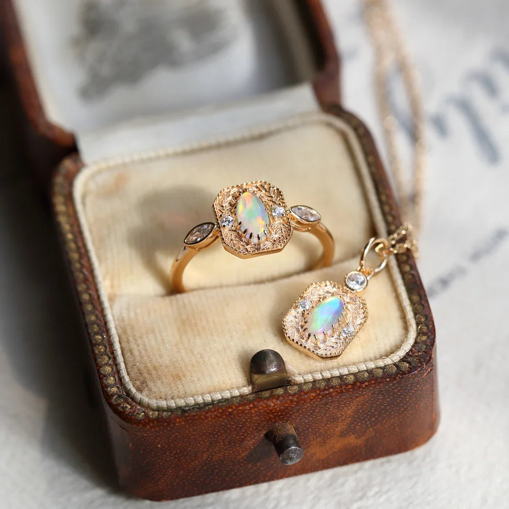 S925 Silver Plated 14K Gold Opal Vintage Wheat Ears Opal Ring Necklace Set