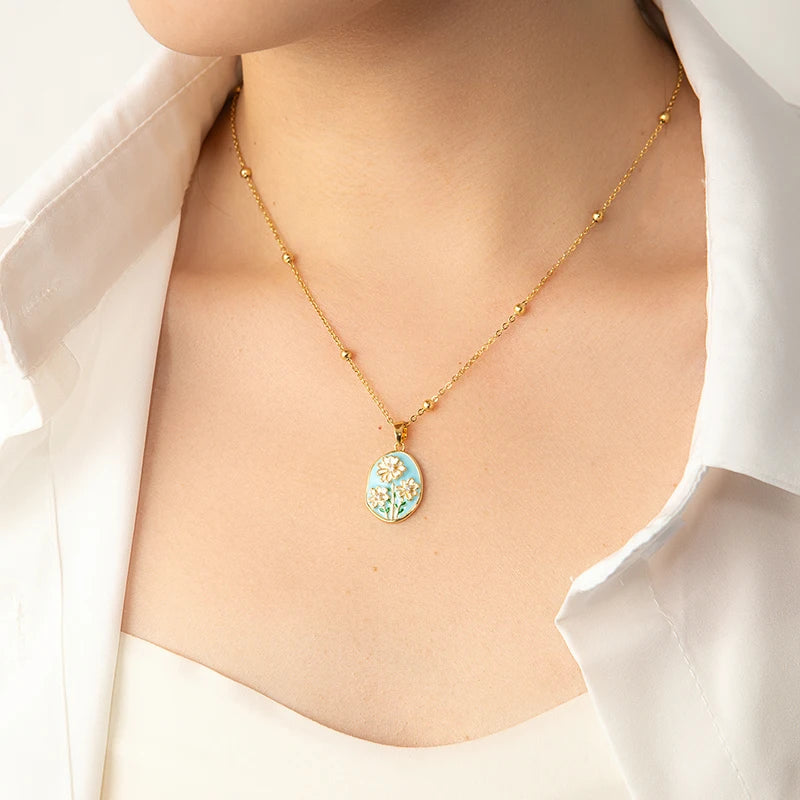 Stainless Steel Colorful Drop Oil Flower Heart Necklace