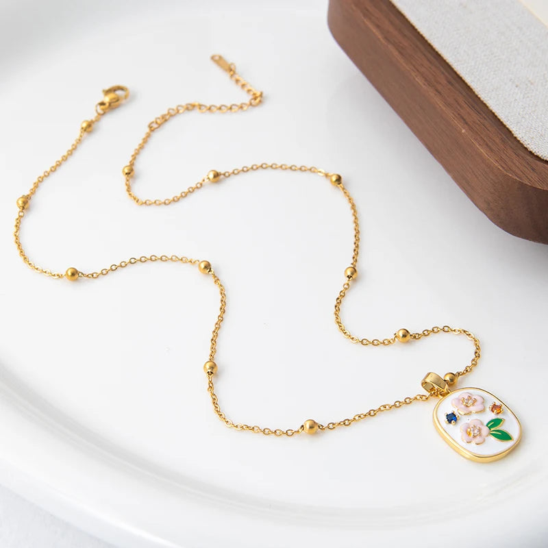 Stainless Steel Colorful Drop Oil Flower Heart Necklace