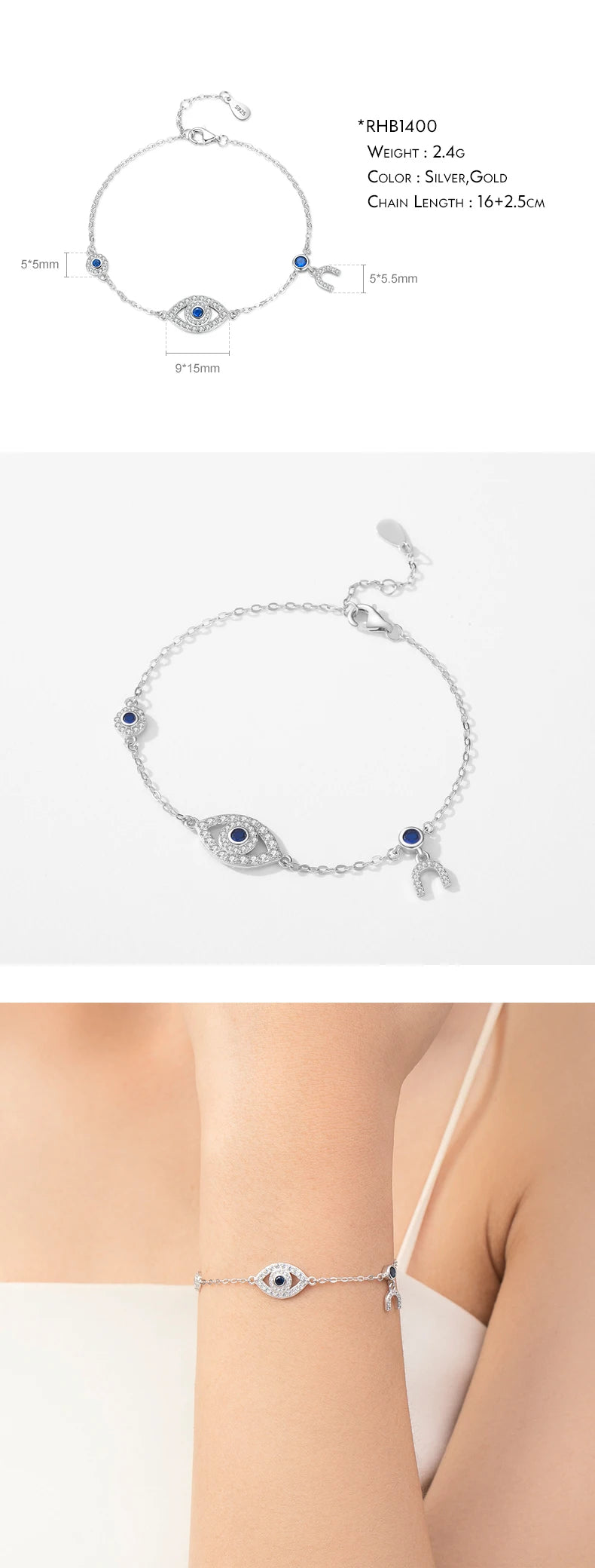 925 Sterling Silver Luxury Turquoise Blue Eyes Clear Cubic Zircon Crystal Link Chain Bracelet