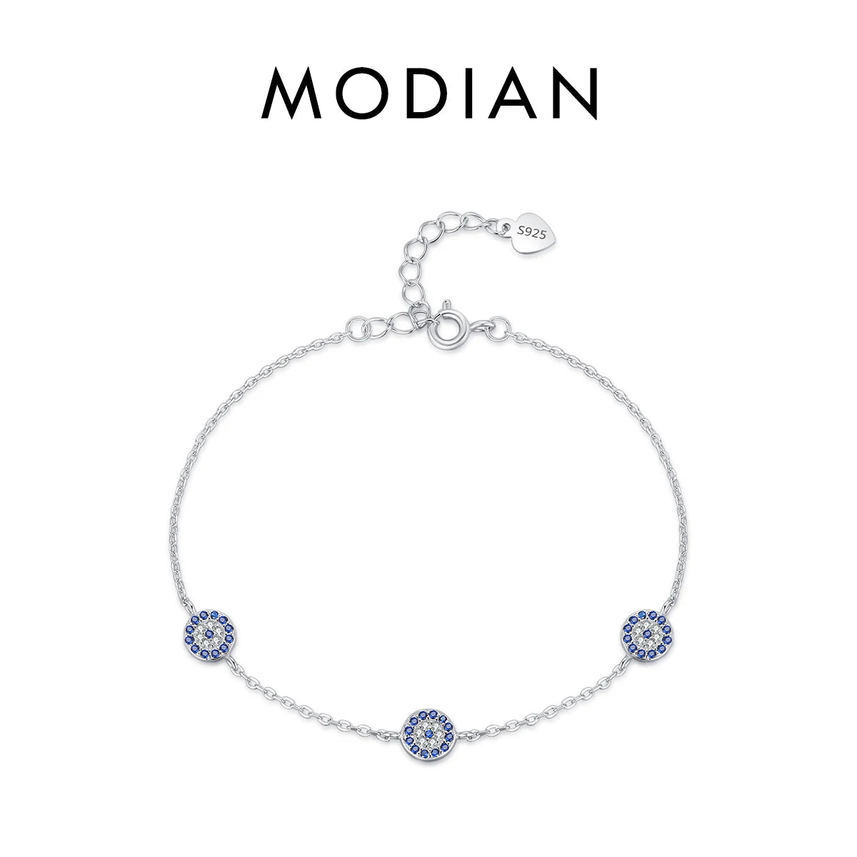 925 Sterling Silver Luxury Turquoise Blue Eyes Clear Cubic Zircon Crystal Link Chain Bracelet