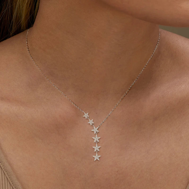 925 Sterling Silver D Color Moissanite Y Lariat 6 Star Pendant Necklace
