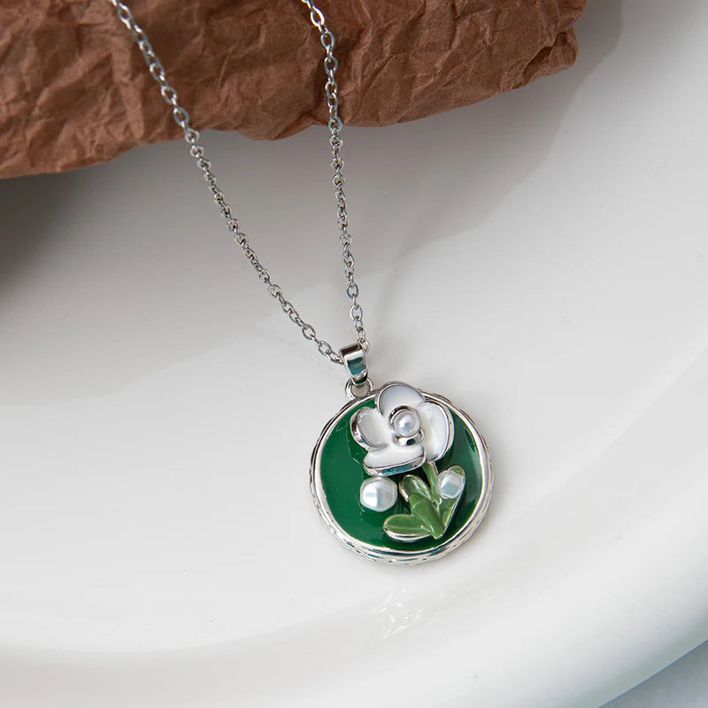 Stainless Steel Colorful Drop Oil Flower Heart Necklace