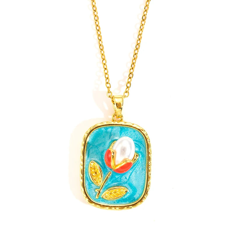 Stainless Steel Colorful Drop Oil Flower Heart Necklace