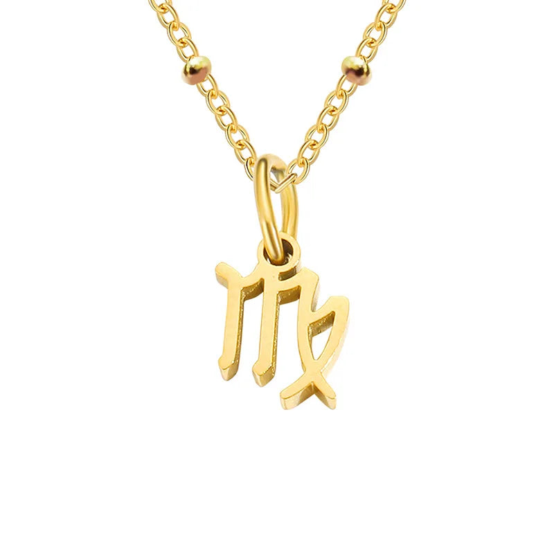 Stainless Steel  Classic Zodiac Gold Color Beads Chain Necklace