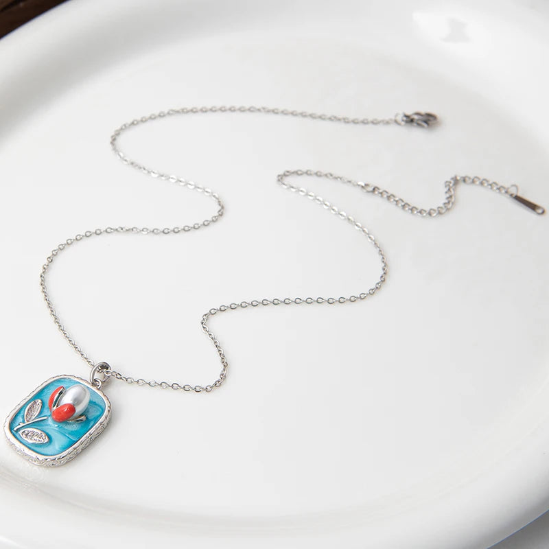 Stainless Steel Colorful Drop Oil Flower Heart Necklace