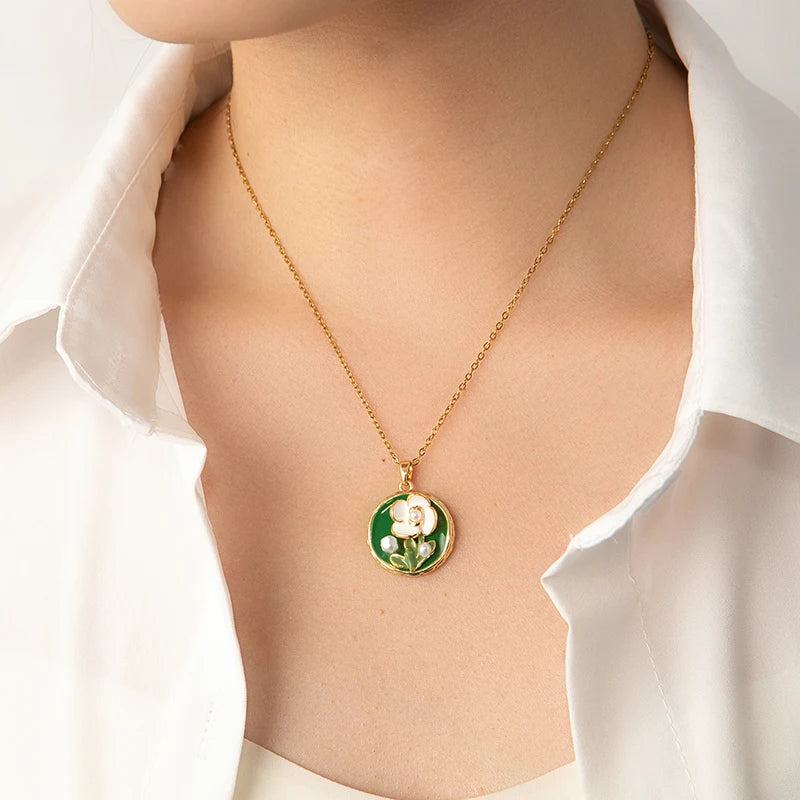 Stainless Steel Colorful Drop Oil Flower Heart Necklace