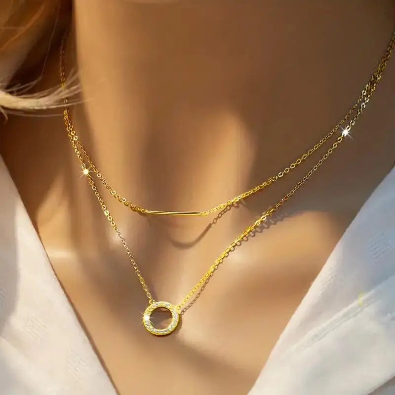 925 Sterling Silver & Moissanite Loop Pendant Necklace Double Layer