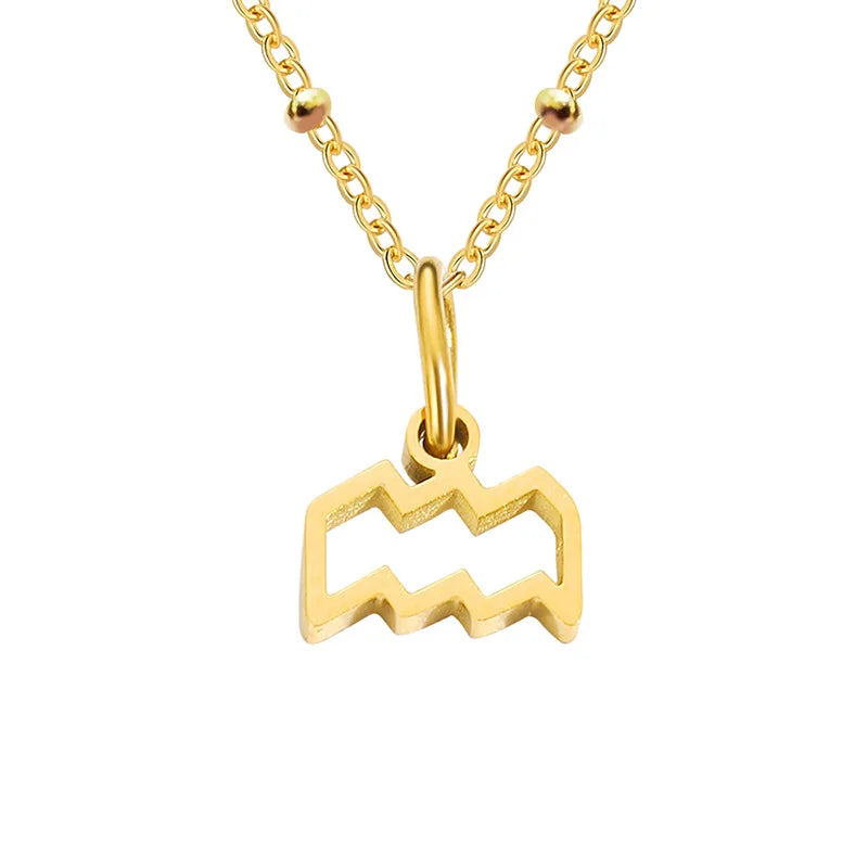 Stainless Steel  Classic Zodiac Gold Color Beads Chain Necklace