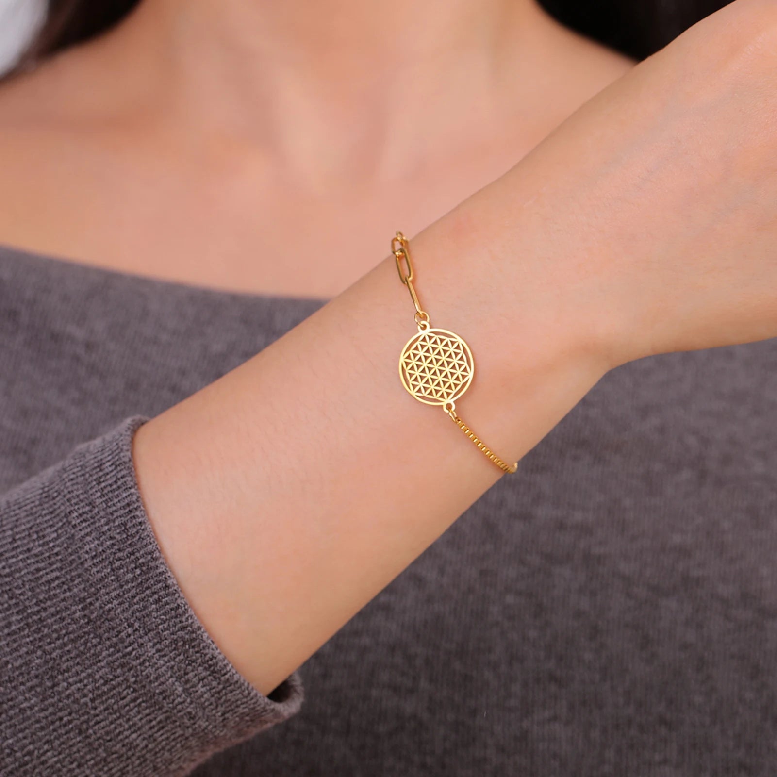 Stainless Steel Vintage Flower of Life Charms Bracelet