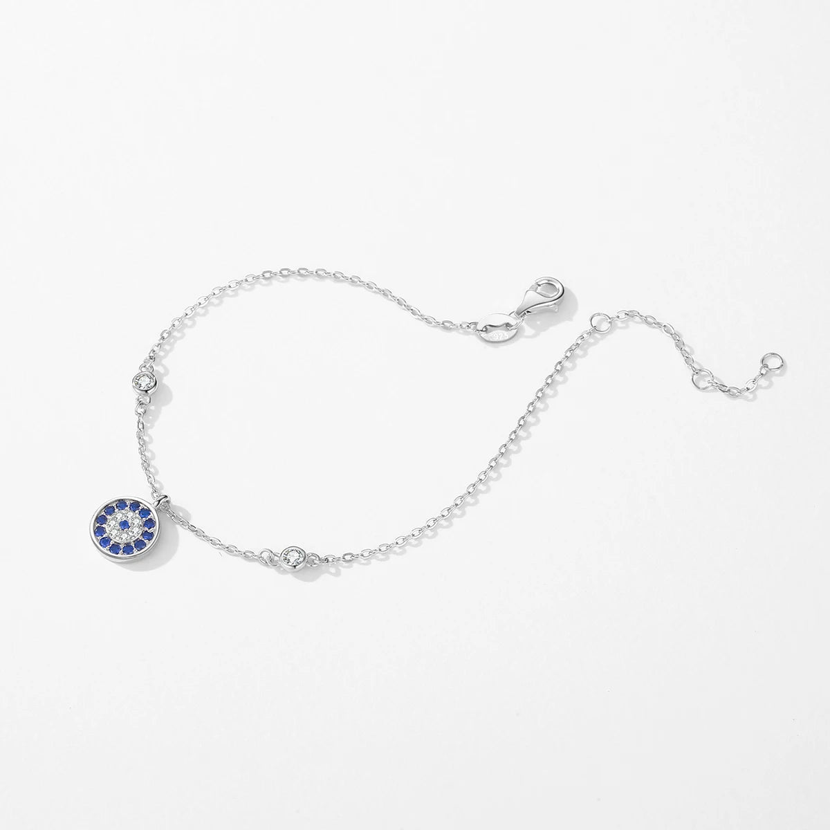 925 Sterling Silver Luxury Turquoise Blue Eyes Clear Cubic Zircon Crystal Link Chain Bracelet