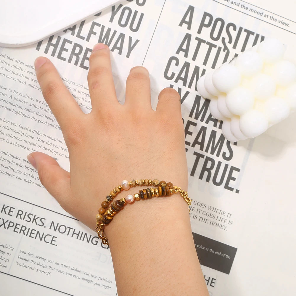 Stainless Steel Bohemian Style Natural Stone Imitation Pearl Bracelet