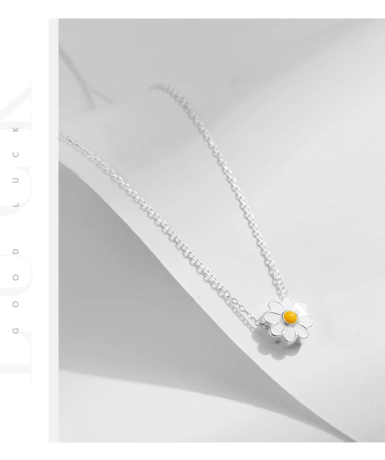 925 Sterling Silver White Enamel Flower Pendant Necklace Charm Daisy
