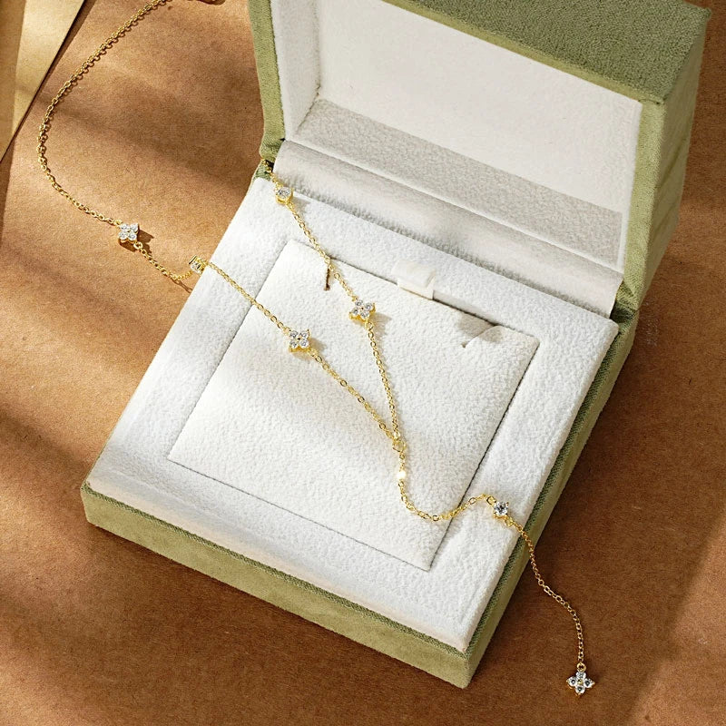 Long Tassel Pendant Necklace 925 Silver Four Clover Flower Y Chain Necklace