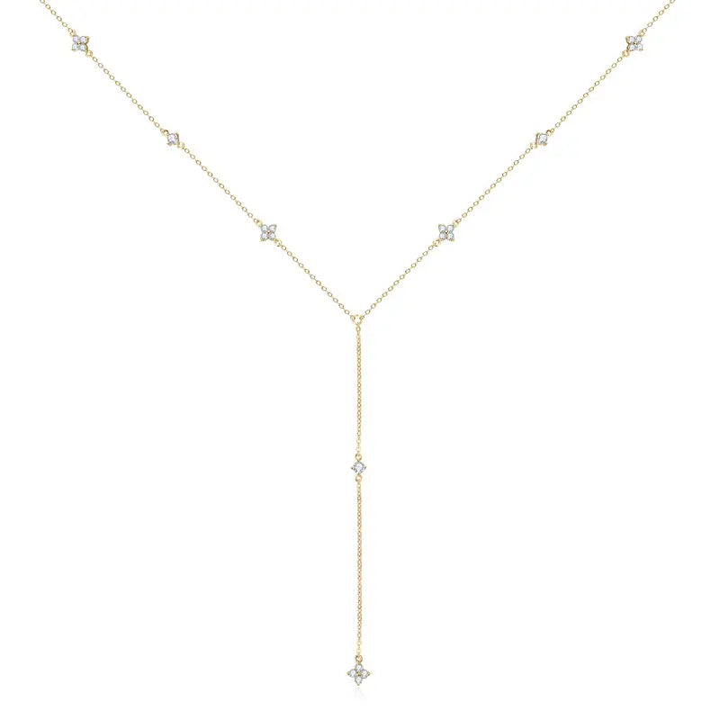 Long Tassel Pendant Necklace 925 Silver Four Clover Flower Y Chain Necklace