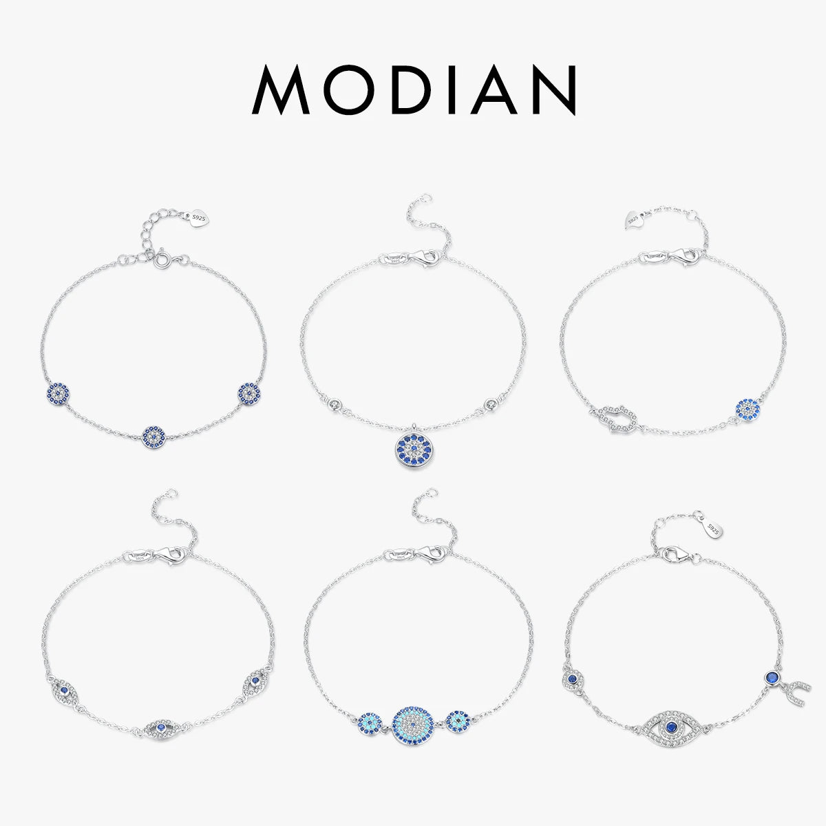 925 Sterling Silver Luxury Turquoise Blue Eyes Clear Cubic Zircon Crystal Link Chain Bracelet