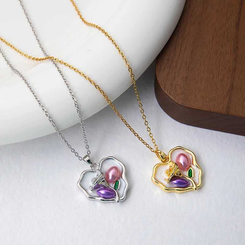 Stainless Steel Colorful Drop Oil Flower Heart Necklace