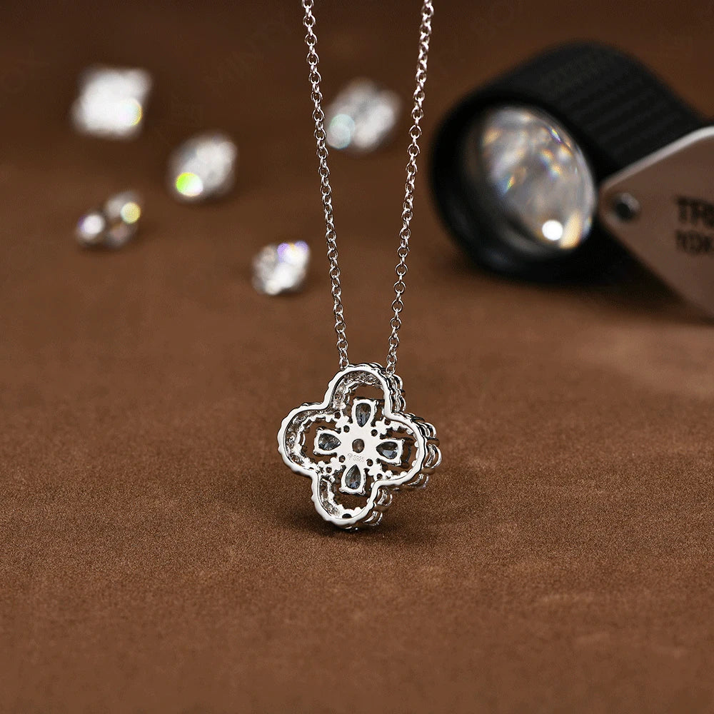 Glimora S925 Silver Moissanite Diamond Loop Full Motif Pendant Clover Diamond White Gold Necklaces