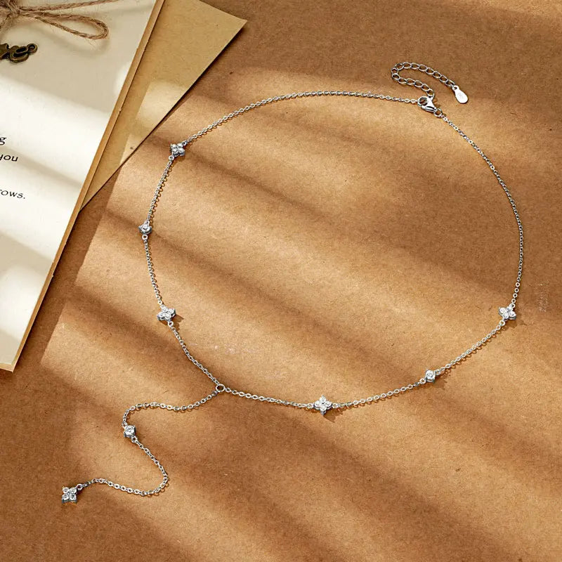 Long Tassel Pendant Necklace 925 Silver Four Clover Flower Y Chain Necklace