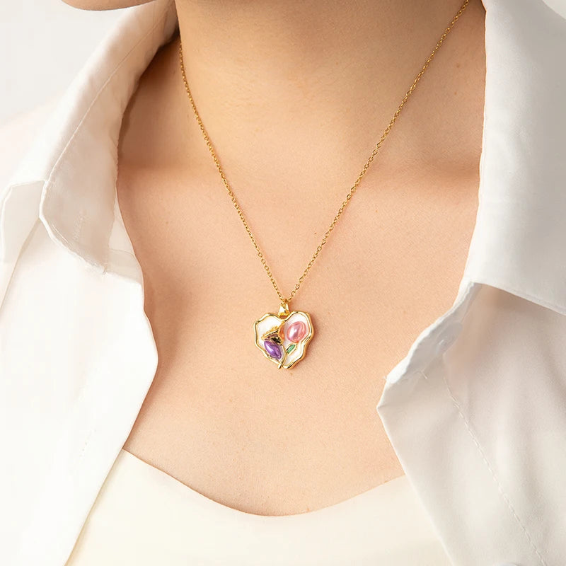 Stainless Steel Colorful Drop Oil Flower Heart Necklace