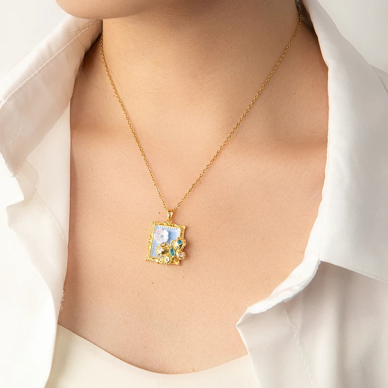 Stainless Steel Colorful Drop Oil Flower Heart Necklace