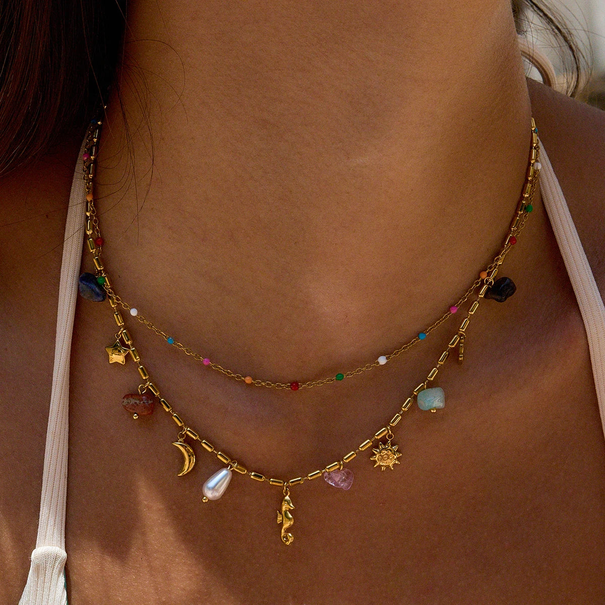 Vacation Style 18K Gold Color Plated Stainless Steel Natural Color Stone Pendant Necklace
