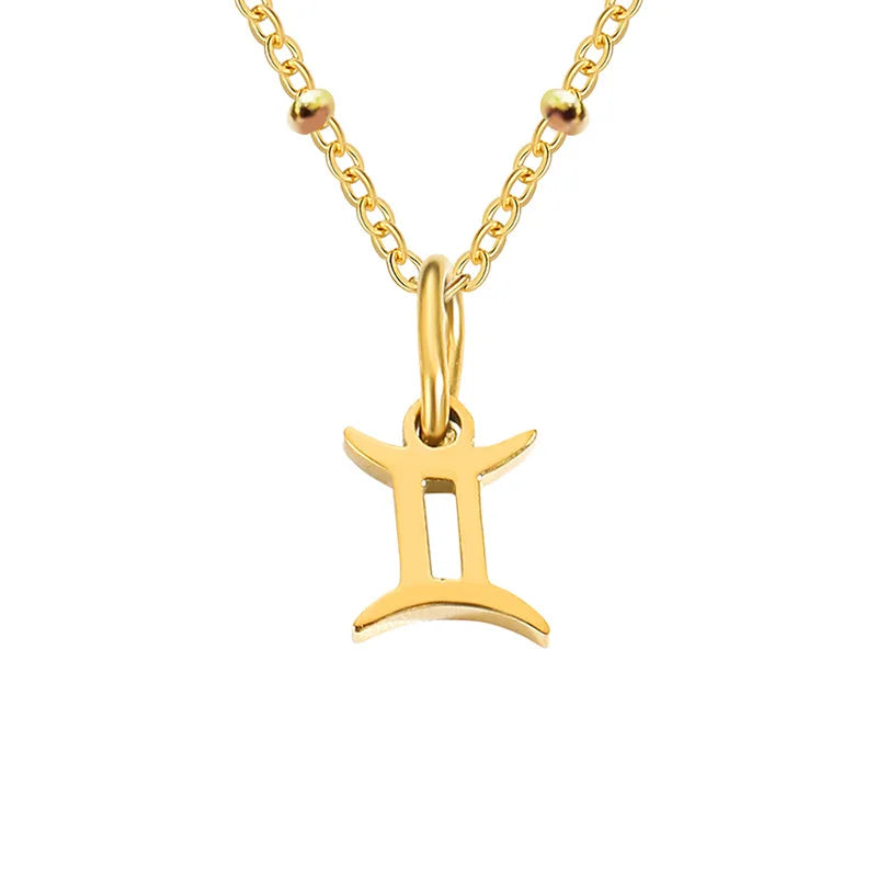 Stainless Steel  Classic Zodiac Gold Color Beads Chain Necklace