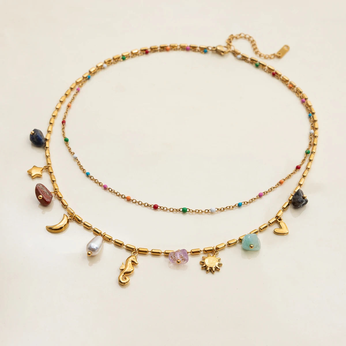 Vacation Style 18K Gold Color Plated Stainless Steel Natural Color Stone Pendant Necklace