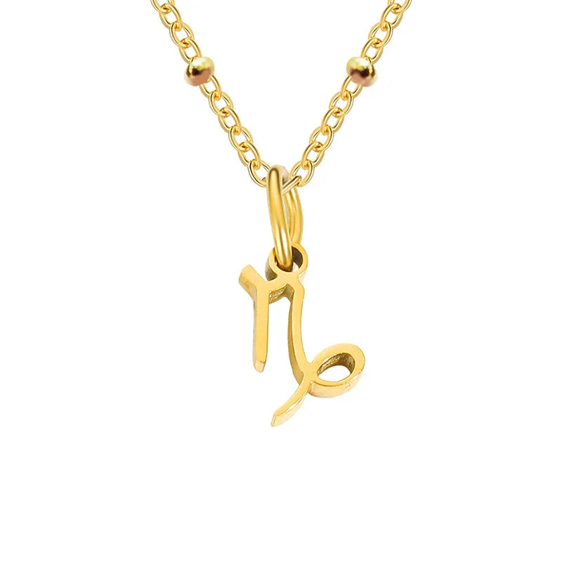 Stainless Steel  Classic Zodiac Gold Color Beads Chain Necklace