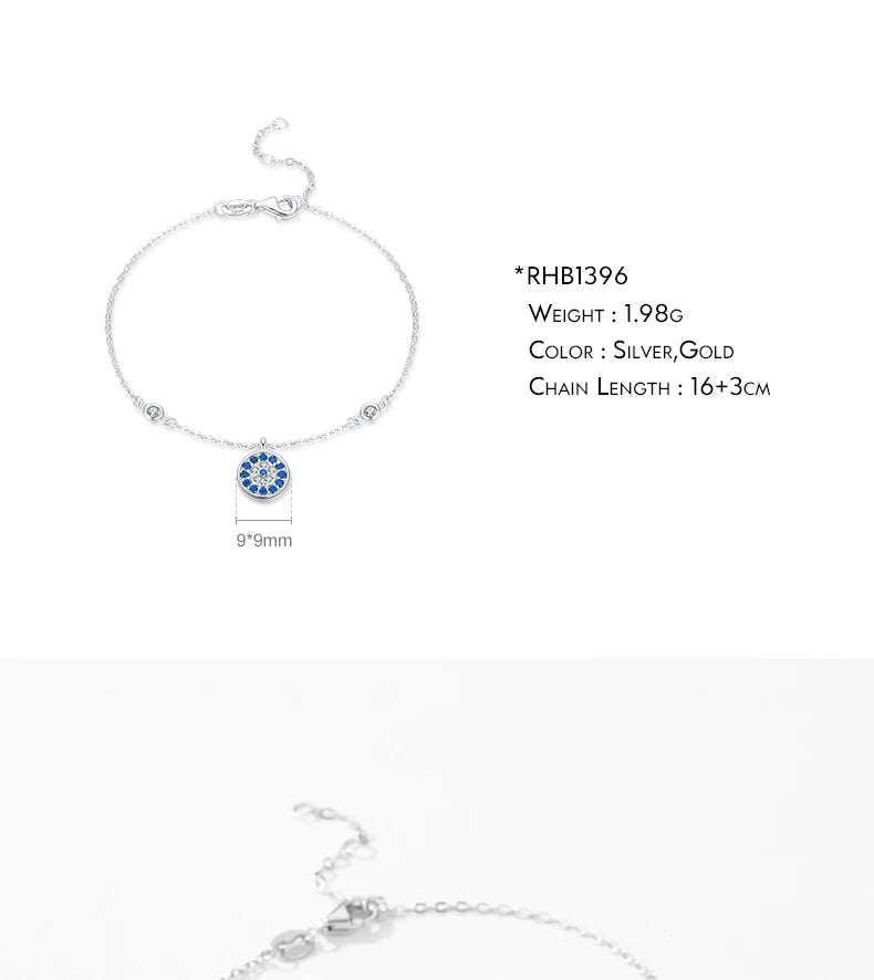 925 Sterling Silver Luxury Turquoise Blue Eyes Clear Cubic Zircon Crystal Link Chain Bracelet