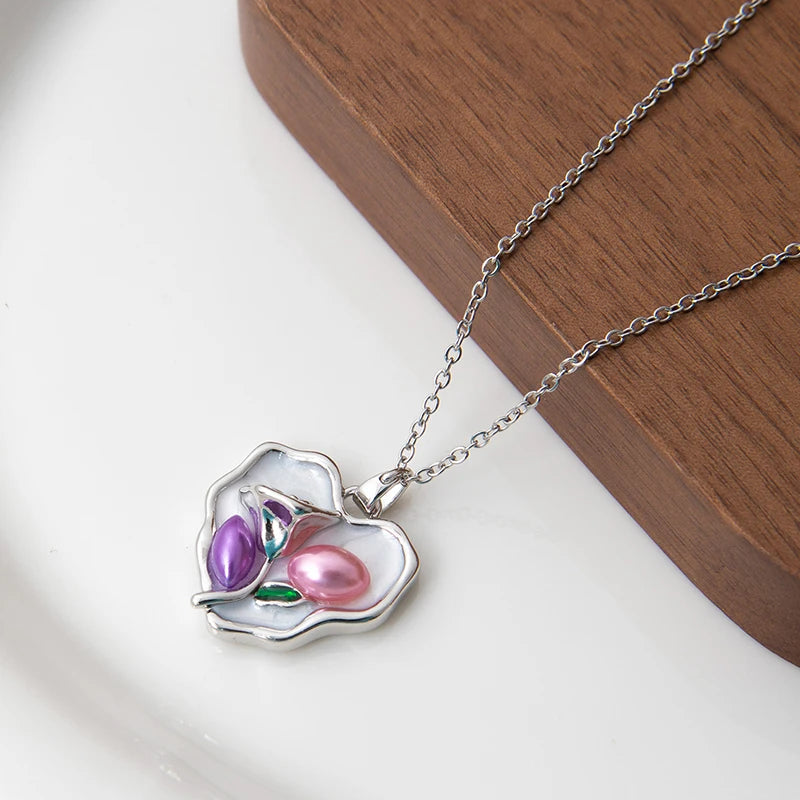Stainless Steel Colorful Drop Oil Flower Heart Necklace
