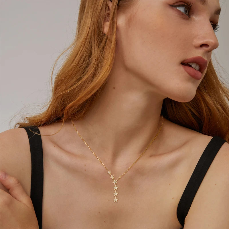 925 Sterling Silver D Color Moissanite Y Lariat 6 Star Pendant Necklace