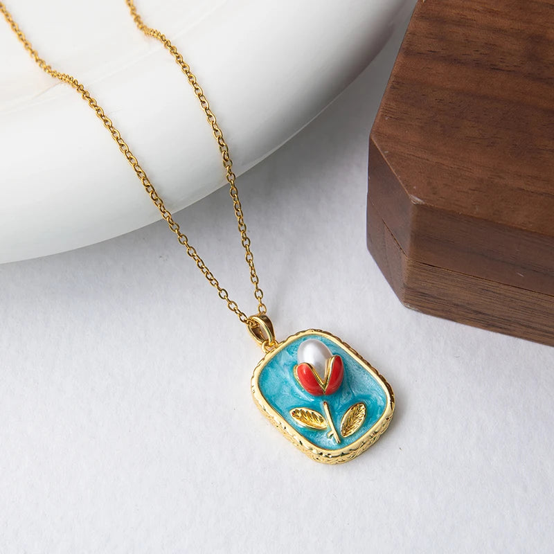 Stainless Steel Colorful Drop Oil Flower Heart Necklace