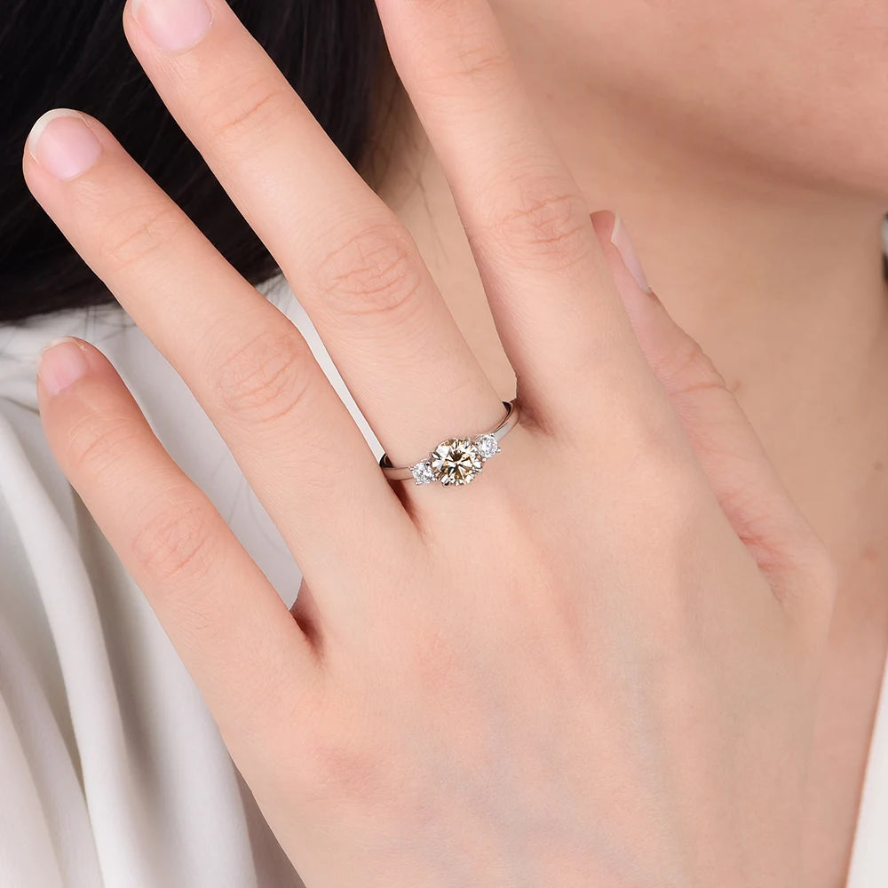 Luxyimagic 1.2CT Champagne Moissanite Set Ring for Women Real 925 Sterling Silver Jewelry