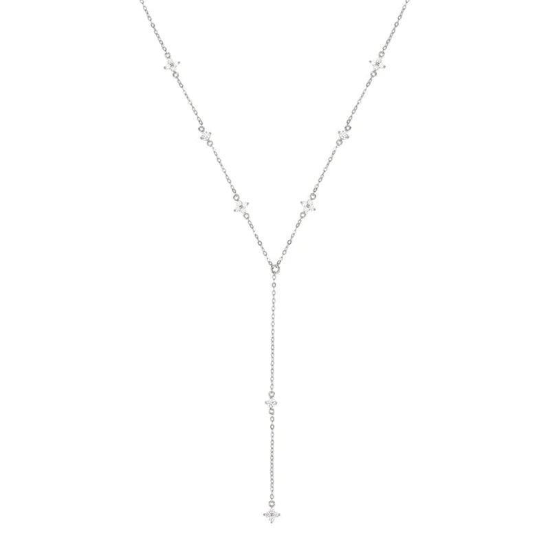 Long Tassel Pendant Necklace 925 Silver Four Clover Flower Y Chain Necklace