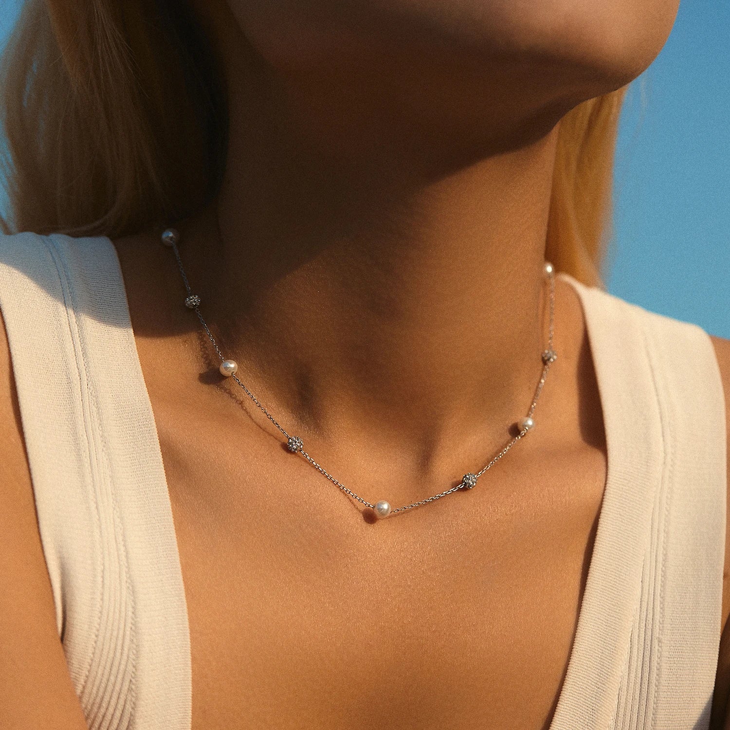 925 Sterling Silver Zircon Beads &Pearl Chain Necklaces
