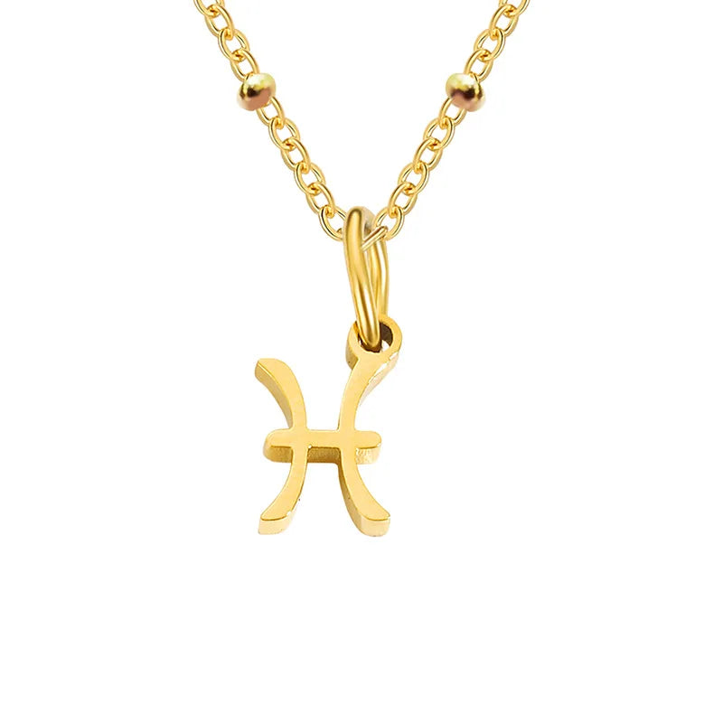 Stainless Steel  Classic Zodiac Gold Color Beads Chain Necklace