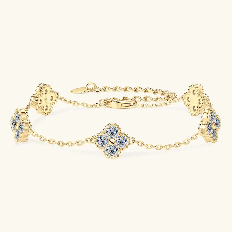 925 Silver Flower Clover Bracelet Moissanite 3mm - 18k Gold Plated
