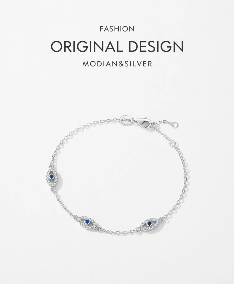 925 Sterling Silver Luxury Turquoise Blue Eyes Clear Cubic Zircon Crystal Link Chain Bracelet