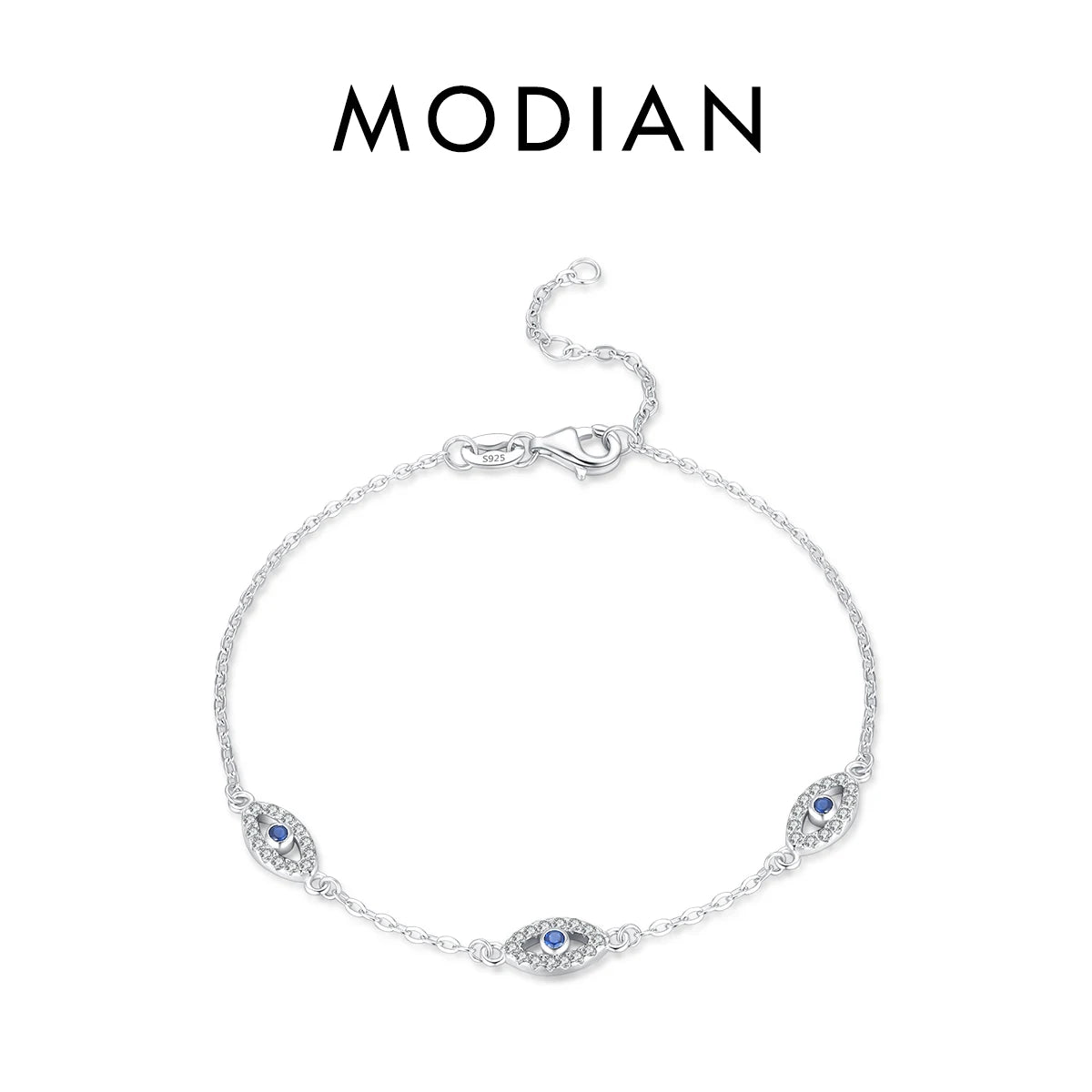 925 Sterling Silver Luxury Turquoise Blue Eyes Clear Cubic Zircon Crystal Link Chain Bracelet