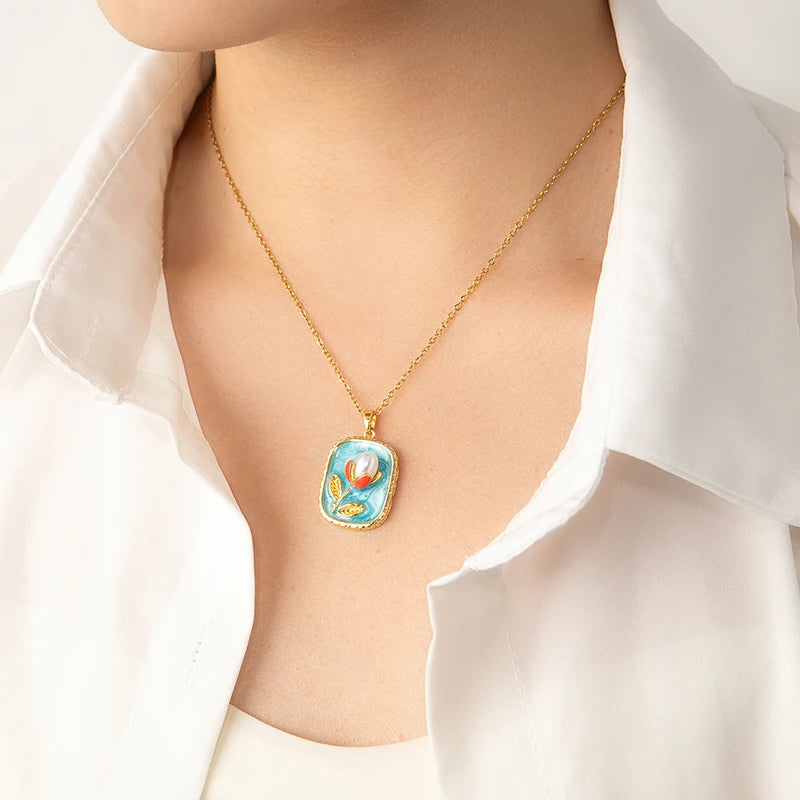 Stainless Steel Colorful Drop Oil Flower Heart Necklace