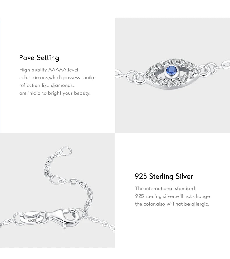 925 Sterling Silver Luxury Turquoise Blue Eyes Clear Cubic Zircon Crystal Link Chain Bracelet