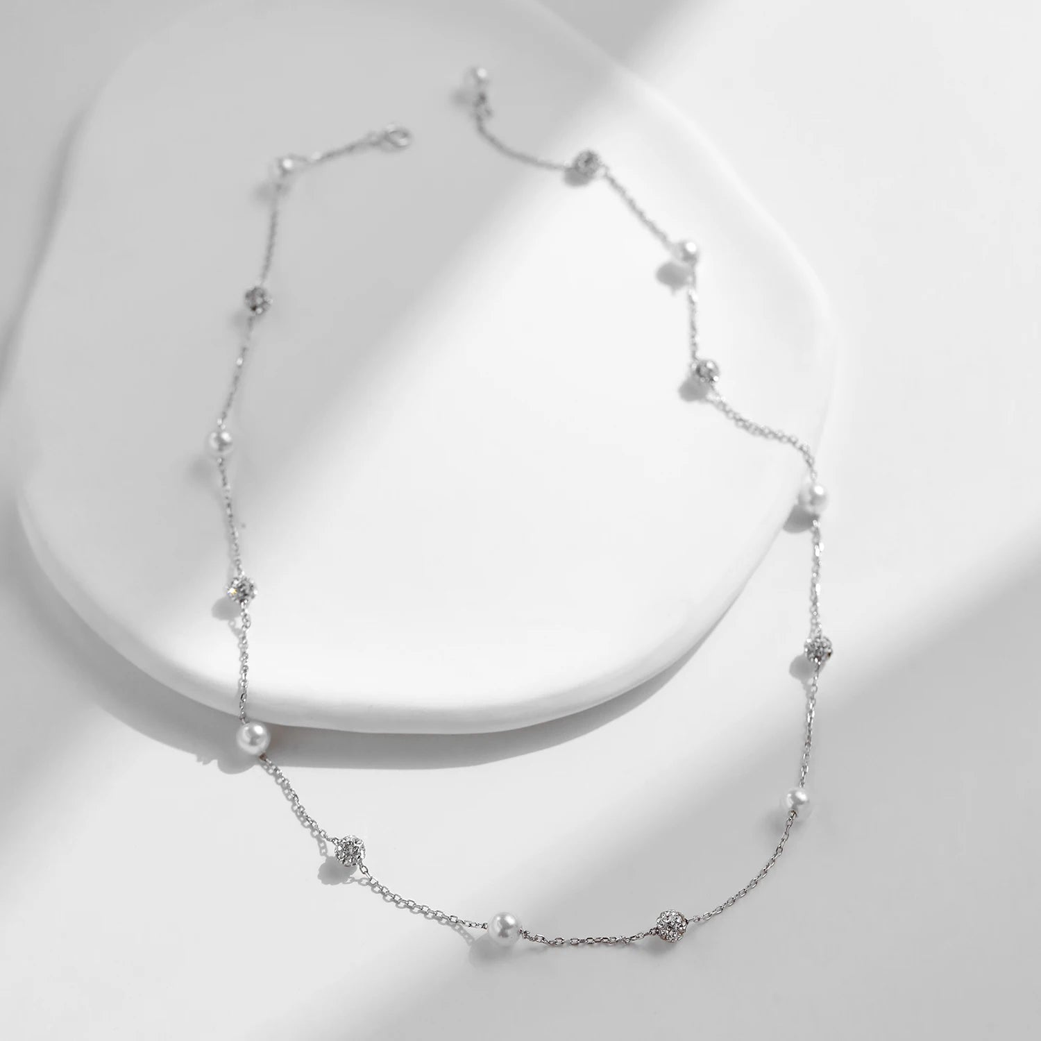 925 Sterling Silver Zircon Beads &Pearl Chain Necklaces