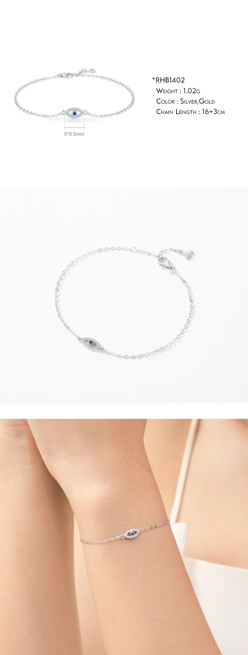 925 Sterling Silver Luxury Turquoise Blue Eyes Clear Cubic Zircon Crystal Link Chain Bracelet