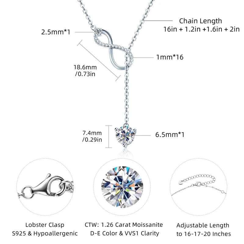 925 Silver Infinity Necklace  - 6.5mm D Color Moisasnite Pendant Y Shape Necklaces